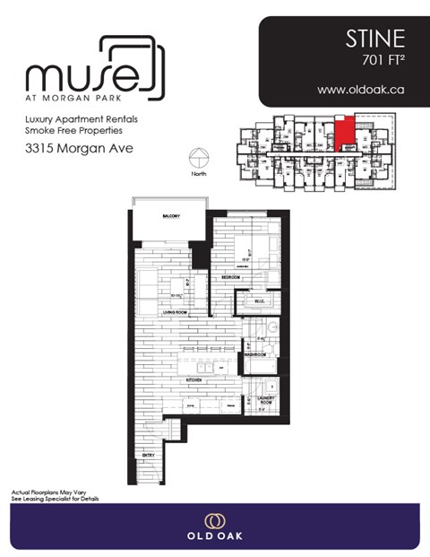 Floor plan for 1 bed, 1 bath, 701 sqft